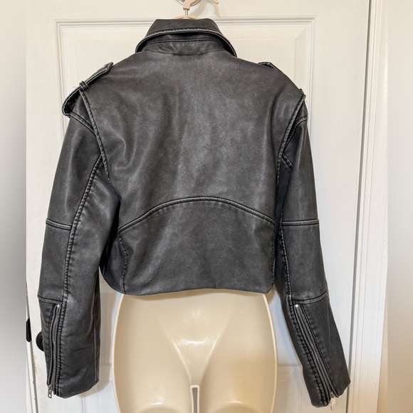 Zara Worn Effect Faux Leather Cropped Biker Moto Jacket Gray S - Picture 7 of 15